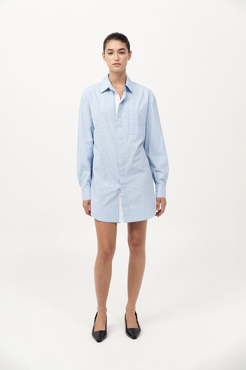 Person wearing a light blue pinstriped shirt dress on a white background