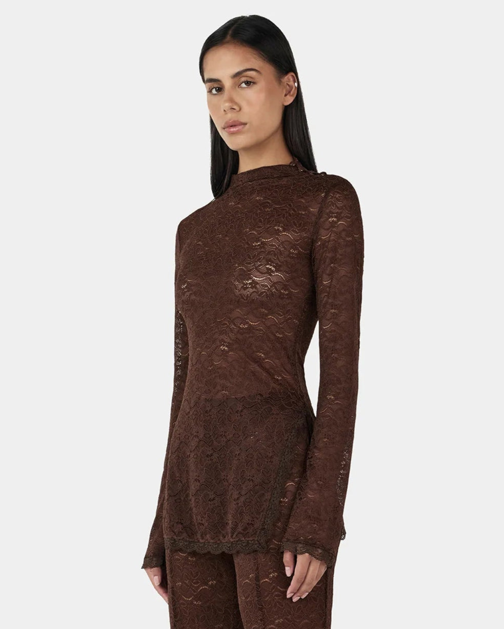 Clive Chocolate Lace Top — sheer long sleeves, longline, button‑opening at shoulder, on model