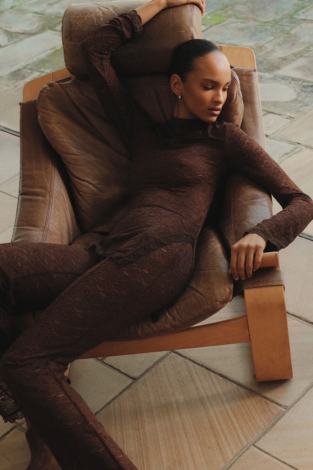 Sheer lace Clive Longline Top in chocolate — shown on model with matching pants