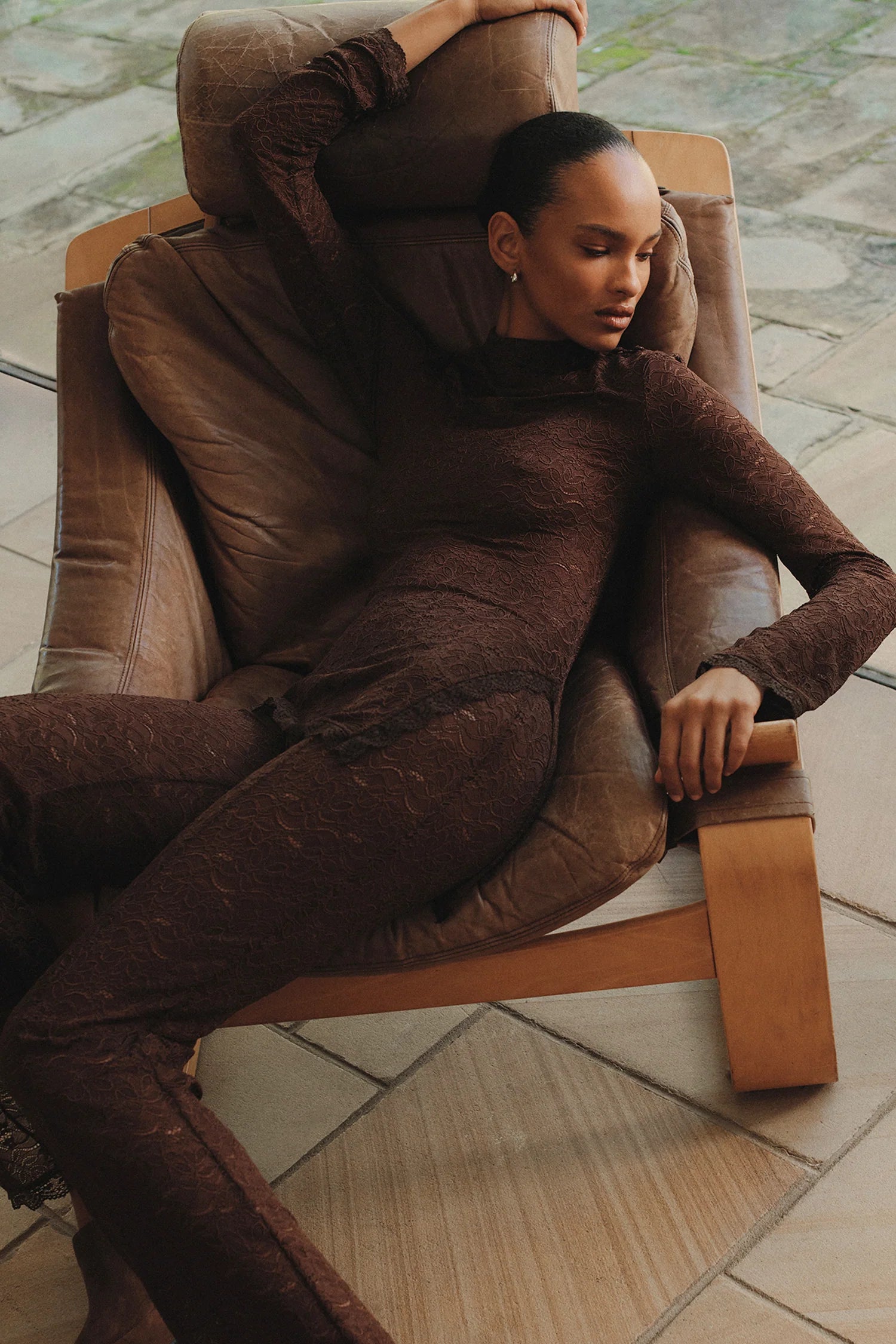 Sheer lace Clive Longline Top in chocolate — shown on model with matching pants