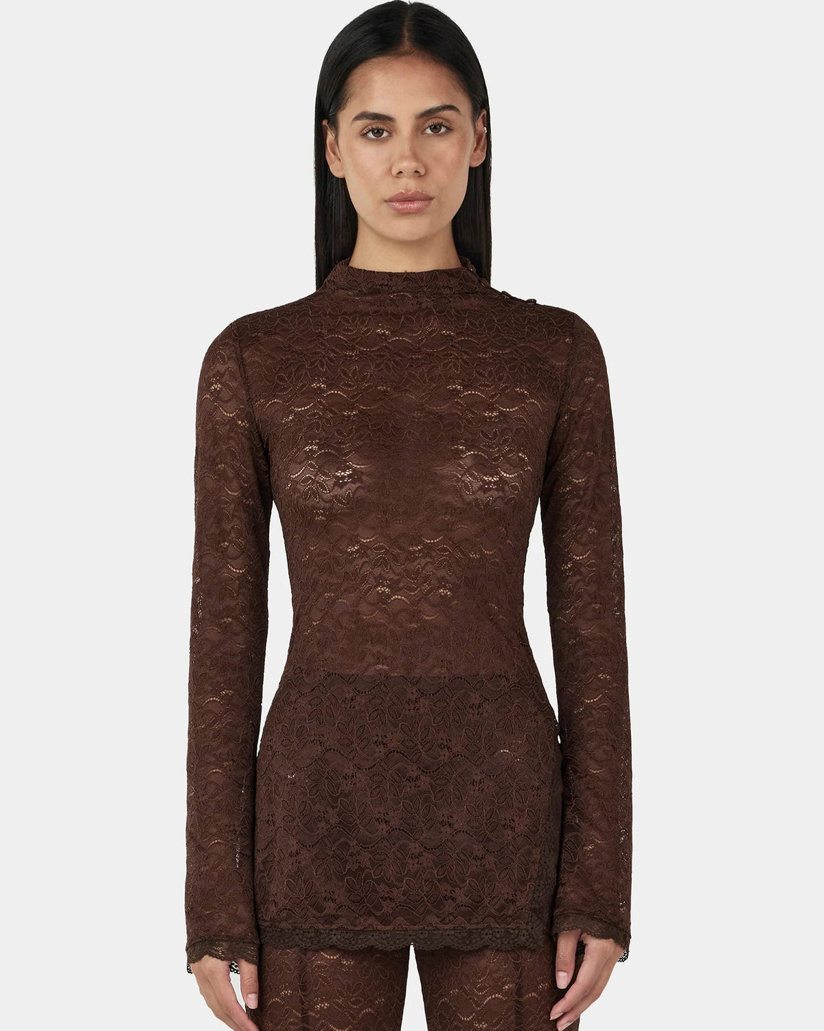 Clive Long Sleeve Top in chocolate sheer lace — longline silhouette, funnel neckline, shoulder button detail on model