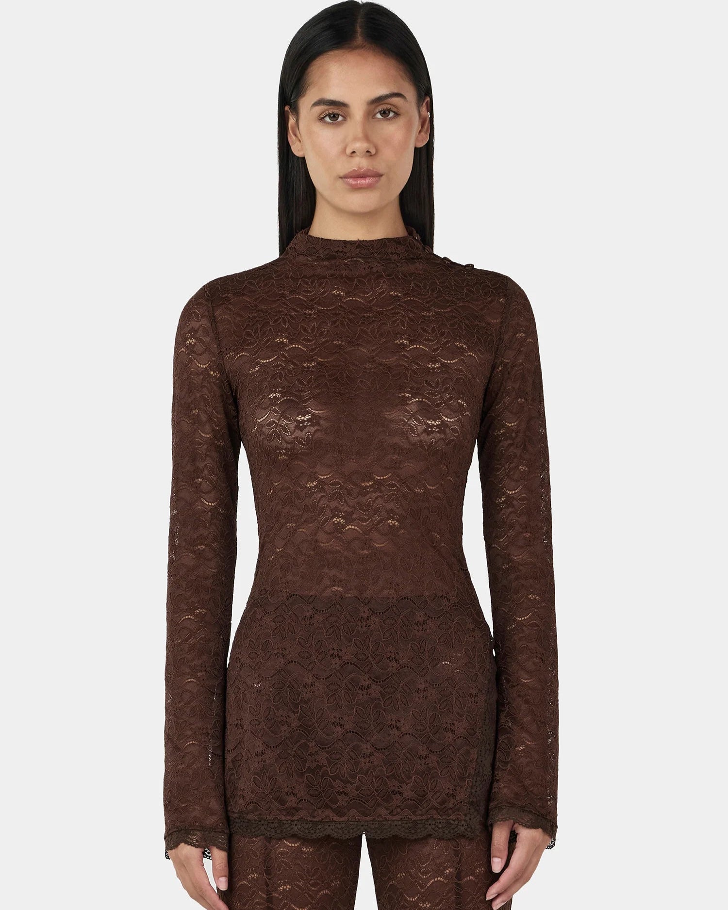 Clive Long Sleeve Top in chocolate sheer lace — longline silhouette, funnel neckline, shoulder button detail on model