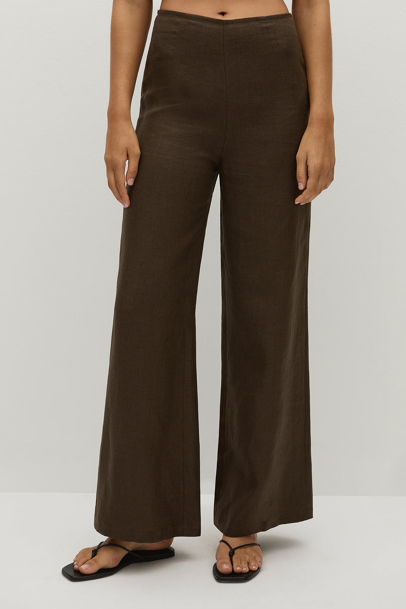 Brown wide-leg pants worn by a person on a white background