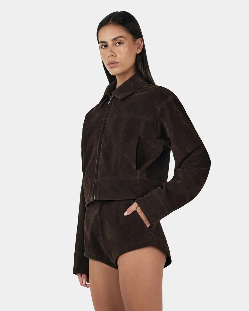 Gina Bomber Jacket by ownley — rum raisin structured suede bomber with pockets and top-stitch accents, model view from front side