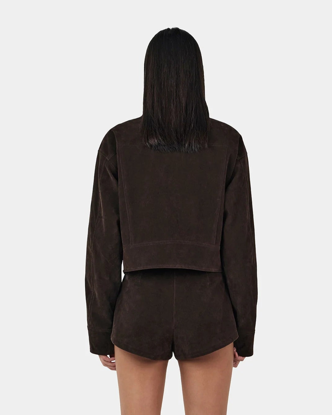 Gina Bomber Jacket — rum raisin structured suede bomber with pockets and top-stitch accents, model view from back