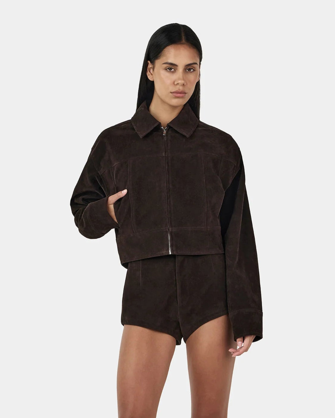 Gina Bomber Jacket — rum raisin structured suede bomber with pockets and top-stitch accents, model view from front