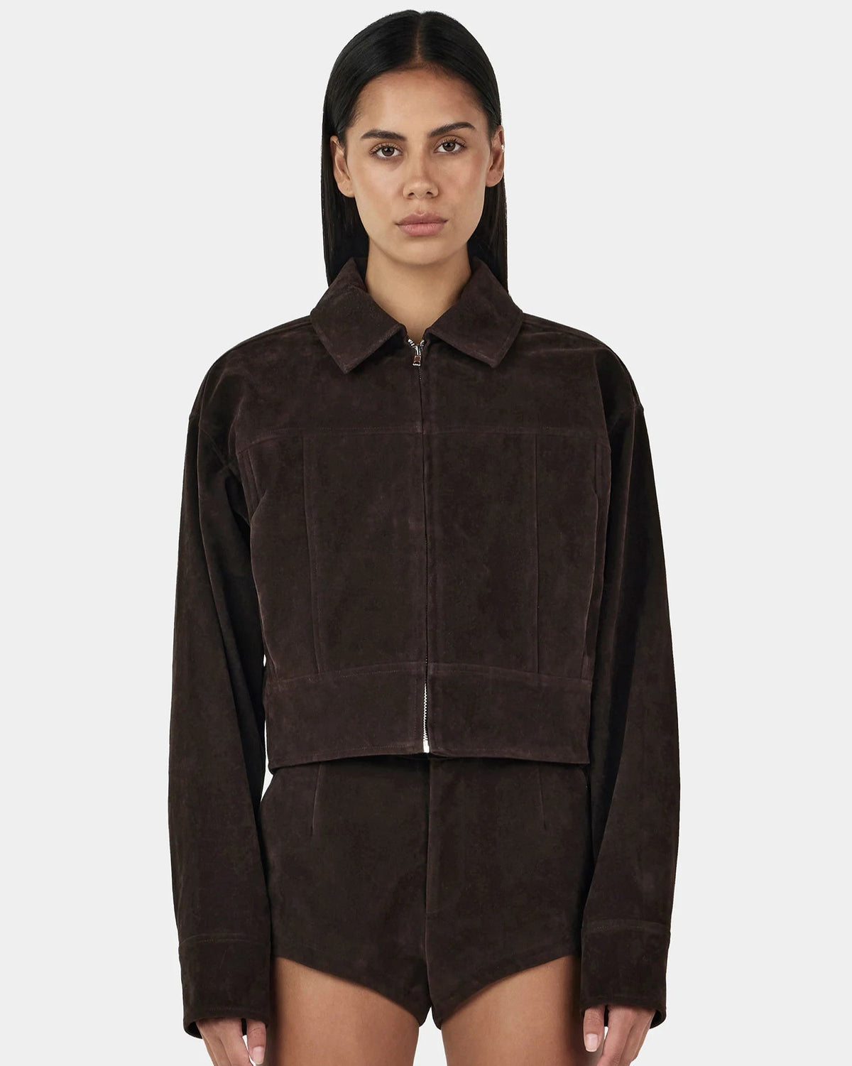 Gina Bomber Jacket by Ownley— rum raisin structured suede with top-stitch detailing, collared front, model wearing size S