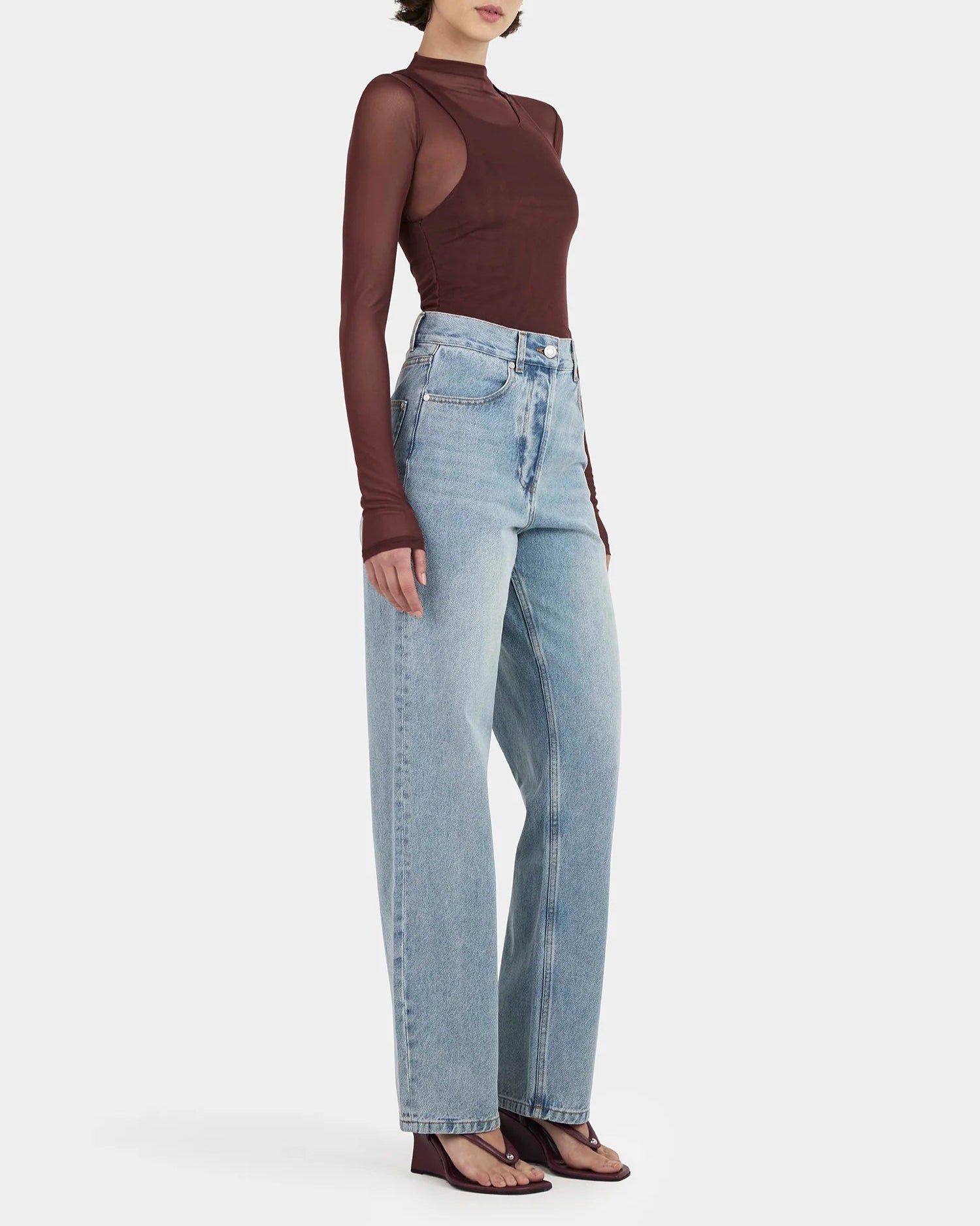Joanna Layered Top in pinot—double‑layered long‑sleeve skivvy with racer tank overlay, funnel neckline, fitted silhouette on model