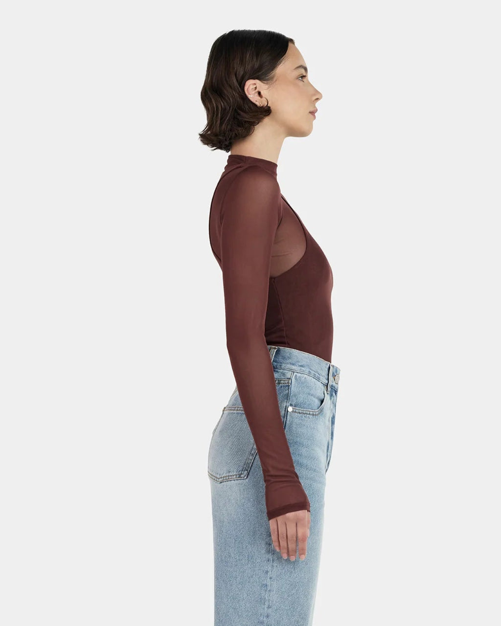Joanna Layered Top in pinot—double‑layered long‑sleeve skivvy with racer tank overlay, funnel neckline, fitted silhouette on model