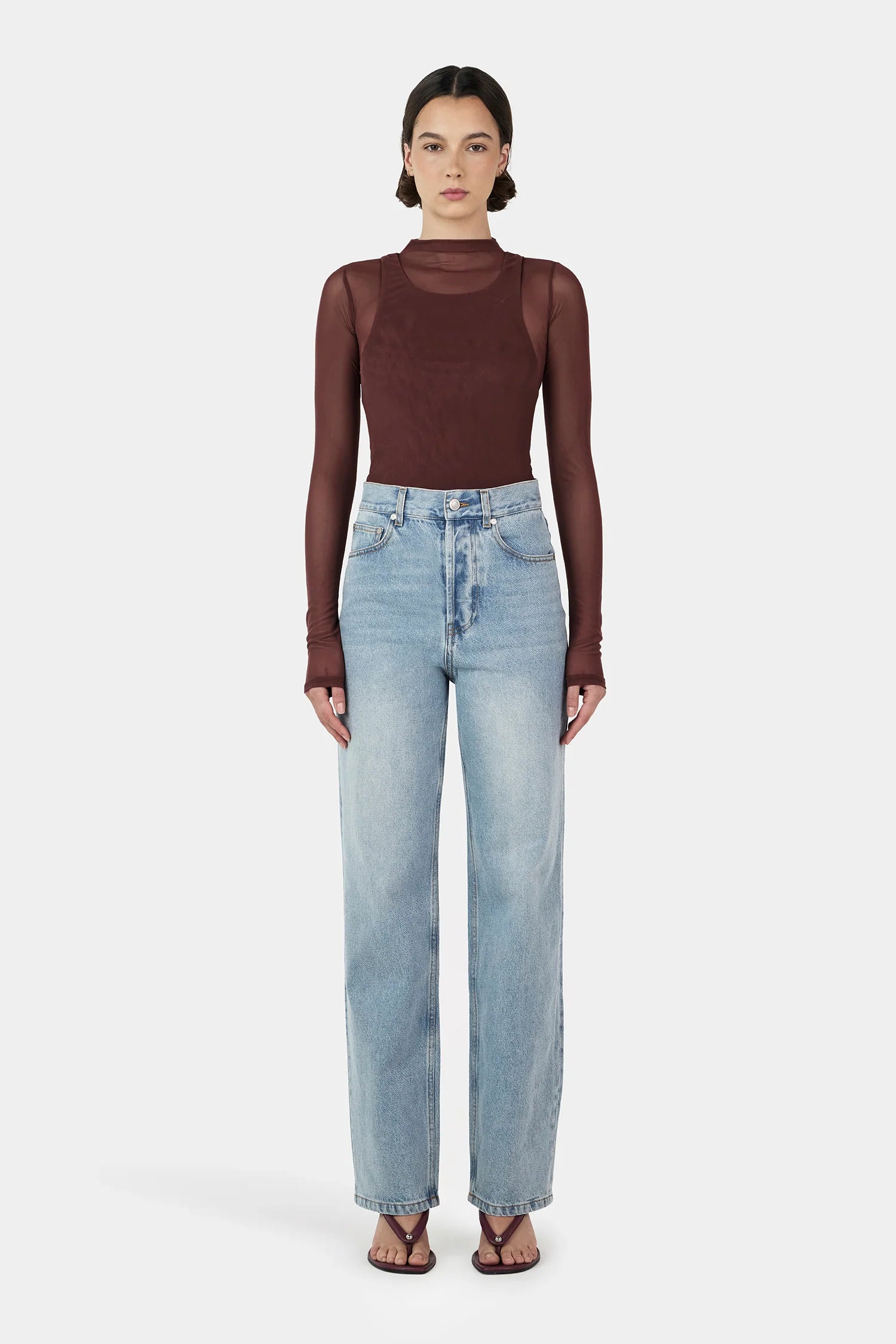 Joanna Layered Top in pinot—double‑layered long‑sleeve skivvy with racer tank overlay, funnel neckline, fitted silhouette on model