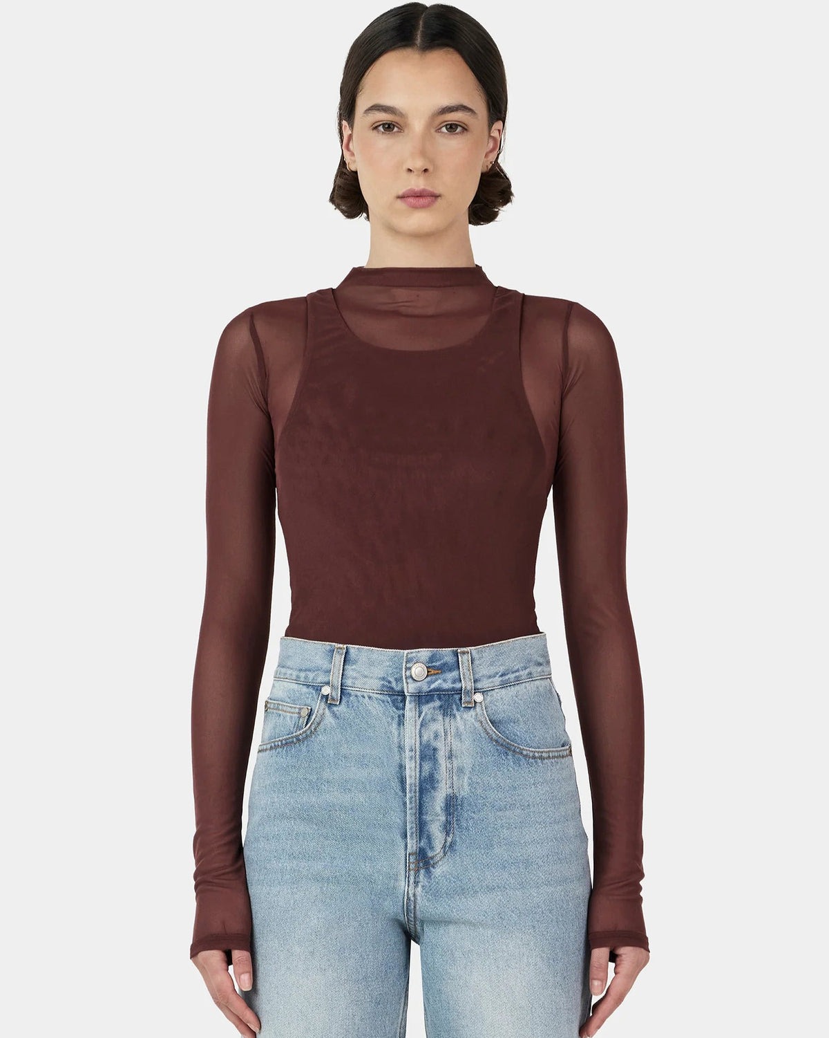Joanna Layered Top in pinot—double‑layered long‑sleeve skivvy with racer tank overlay, funnel neckline, fitted silhouette on model