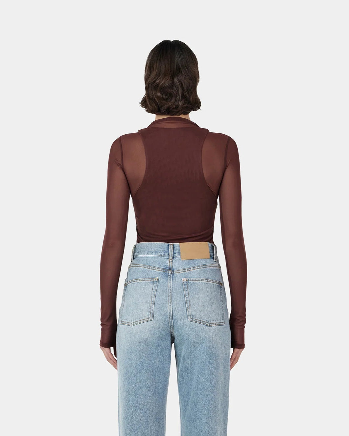 Layered Joanna Top in pinot—contrasting textures with racer tank over mesh skivvy, long sleeves, funnel neckline (on-model view).