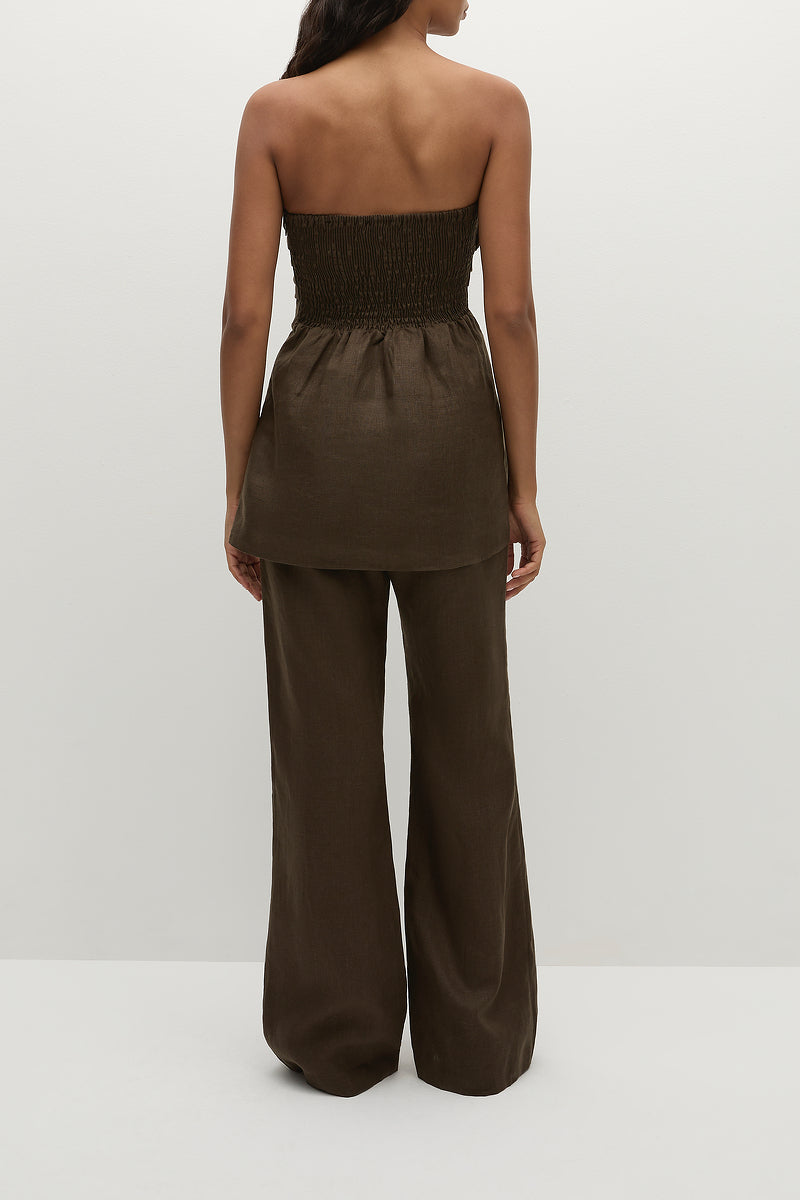 chocolate brown linen strapless top and wide-leg pants on a white background