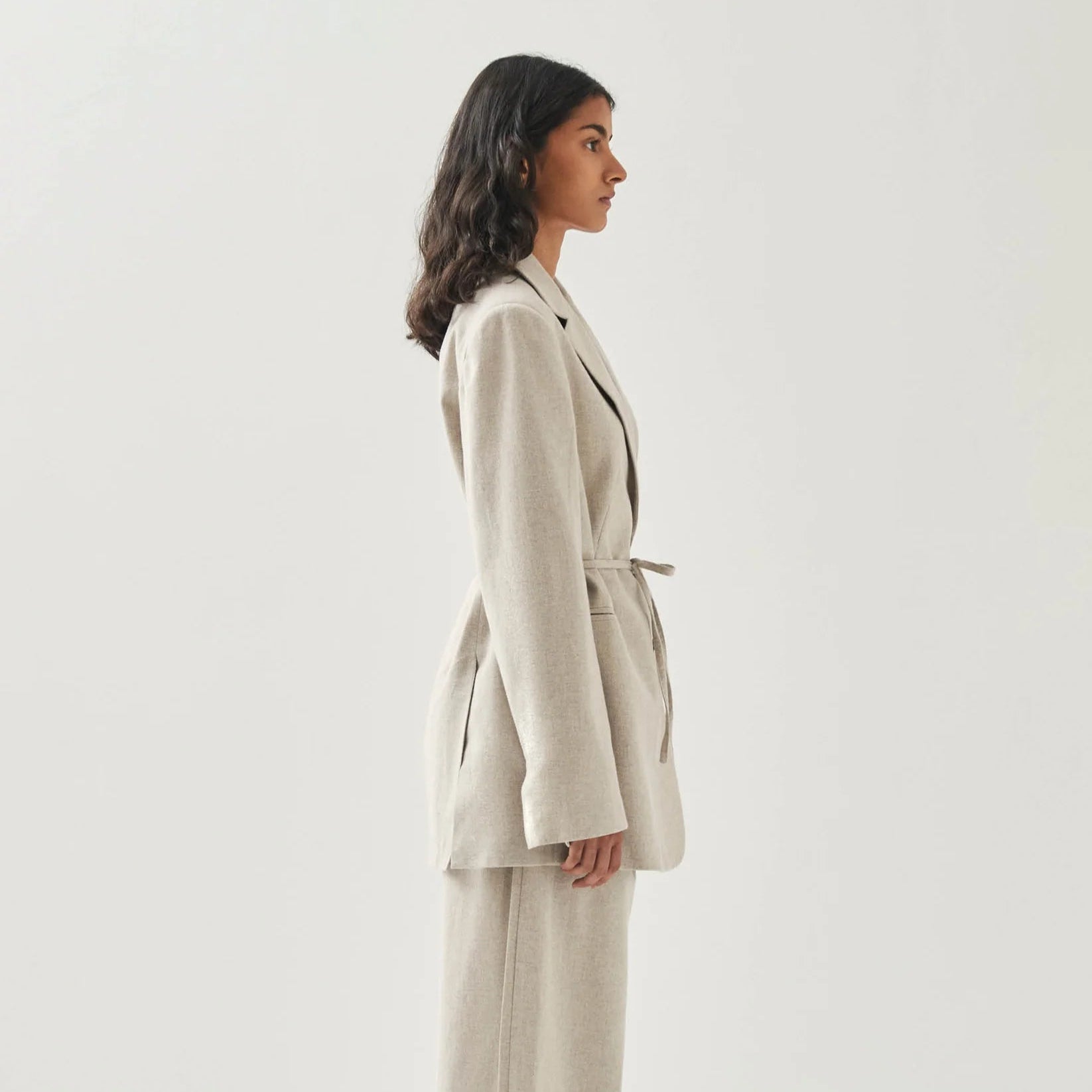Women's oversized blazer in cream with tie waist belt