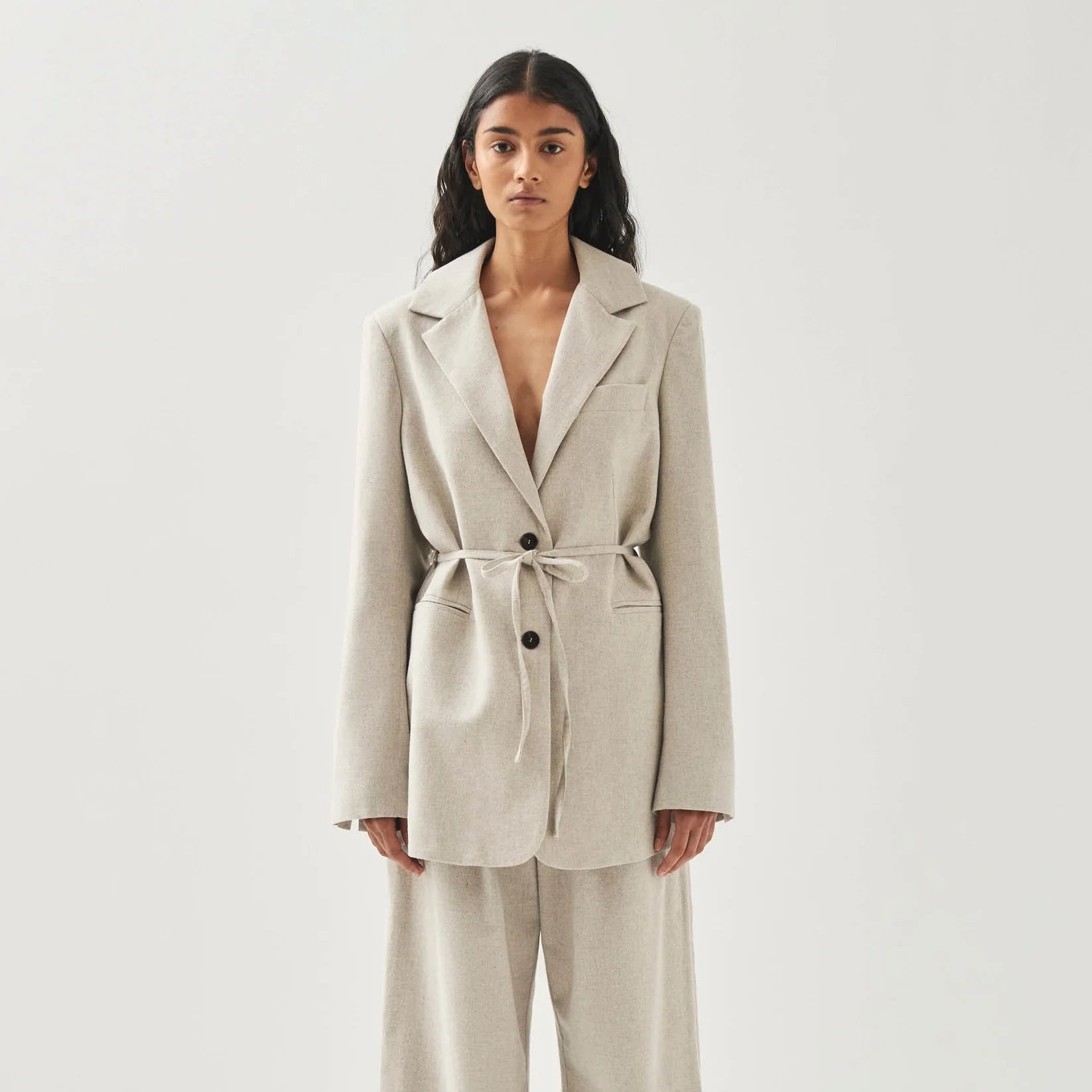 Women's oversized blazer in cream with tie waist belt