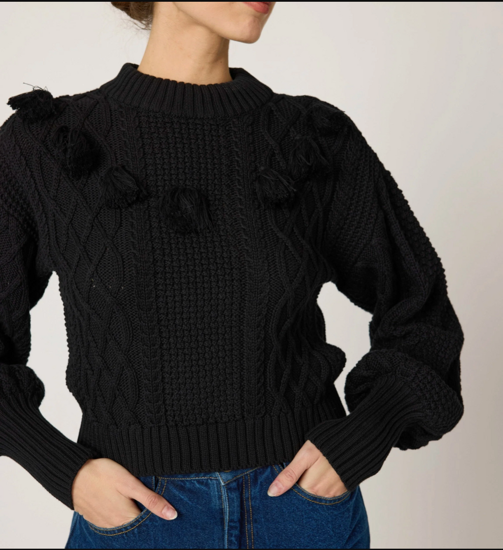 Black cable knit sweater with pom-pom details worn by a person on a plain background