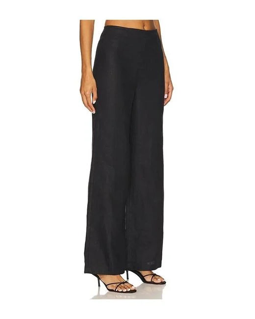 Black wide-leg pants worn by a person on a white background