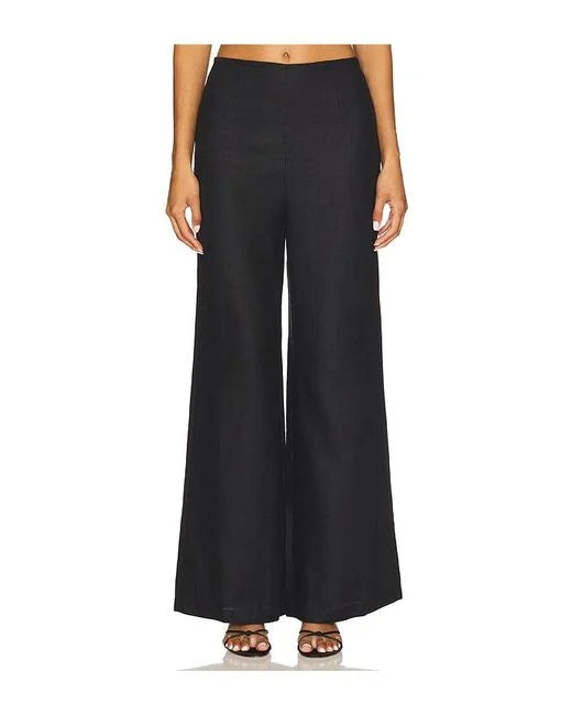 Black wide-leg pants worn by a person on a white background