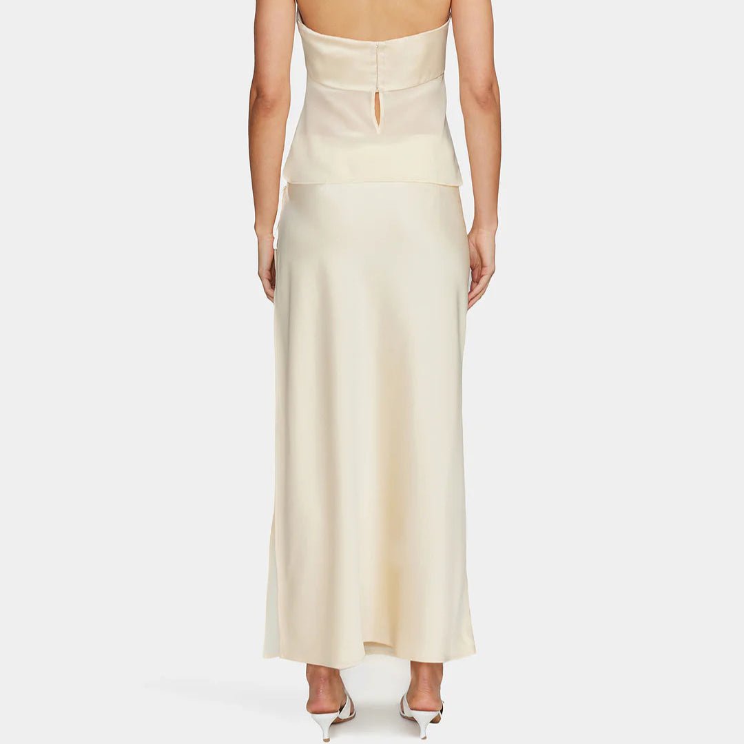 Pale yellow satin and sheer skit with slit
