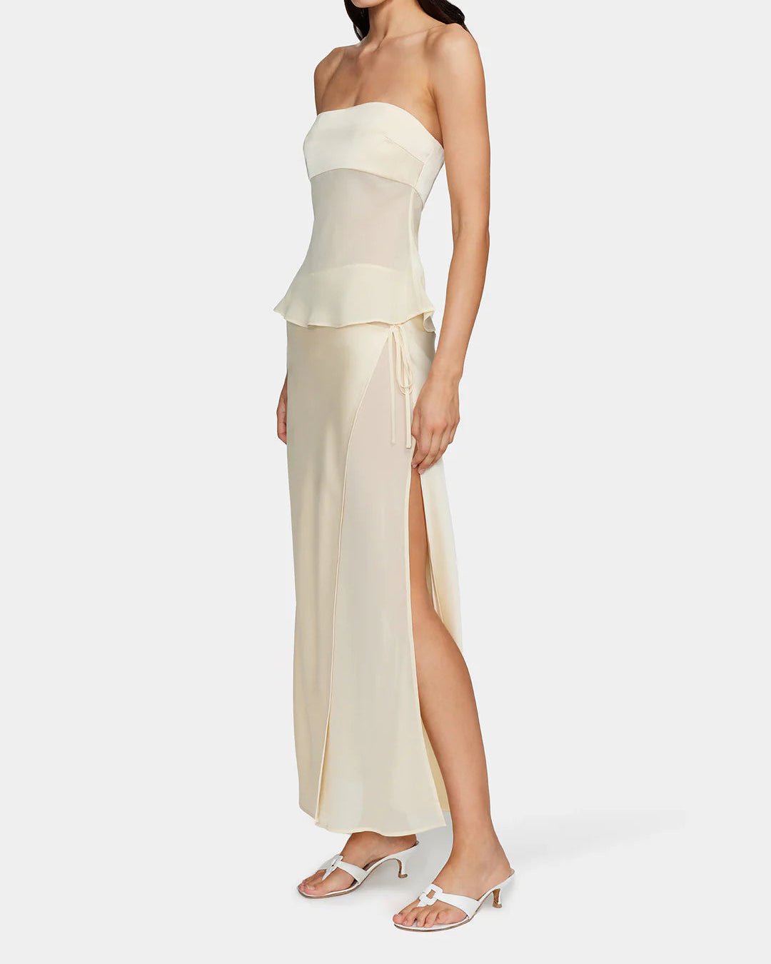 Pale yellow slip skirt with slit and strapless top