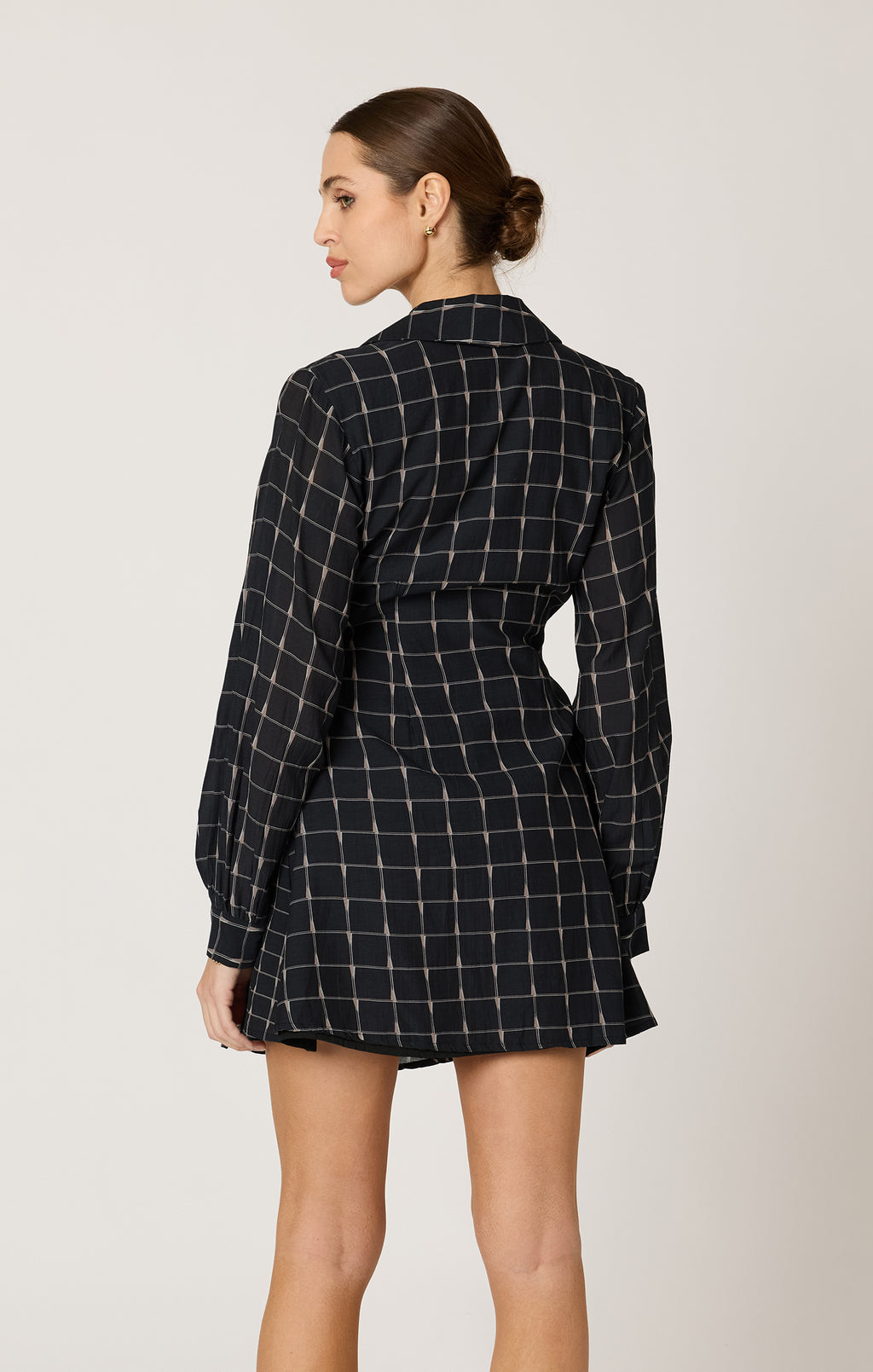 Back detail of Talia Mini Dress in Saul Print — clean back seam and tailored finish.