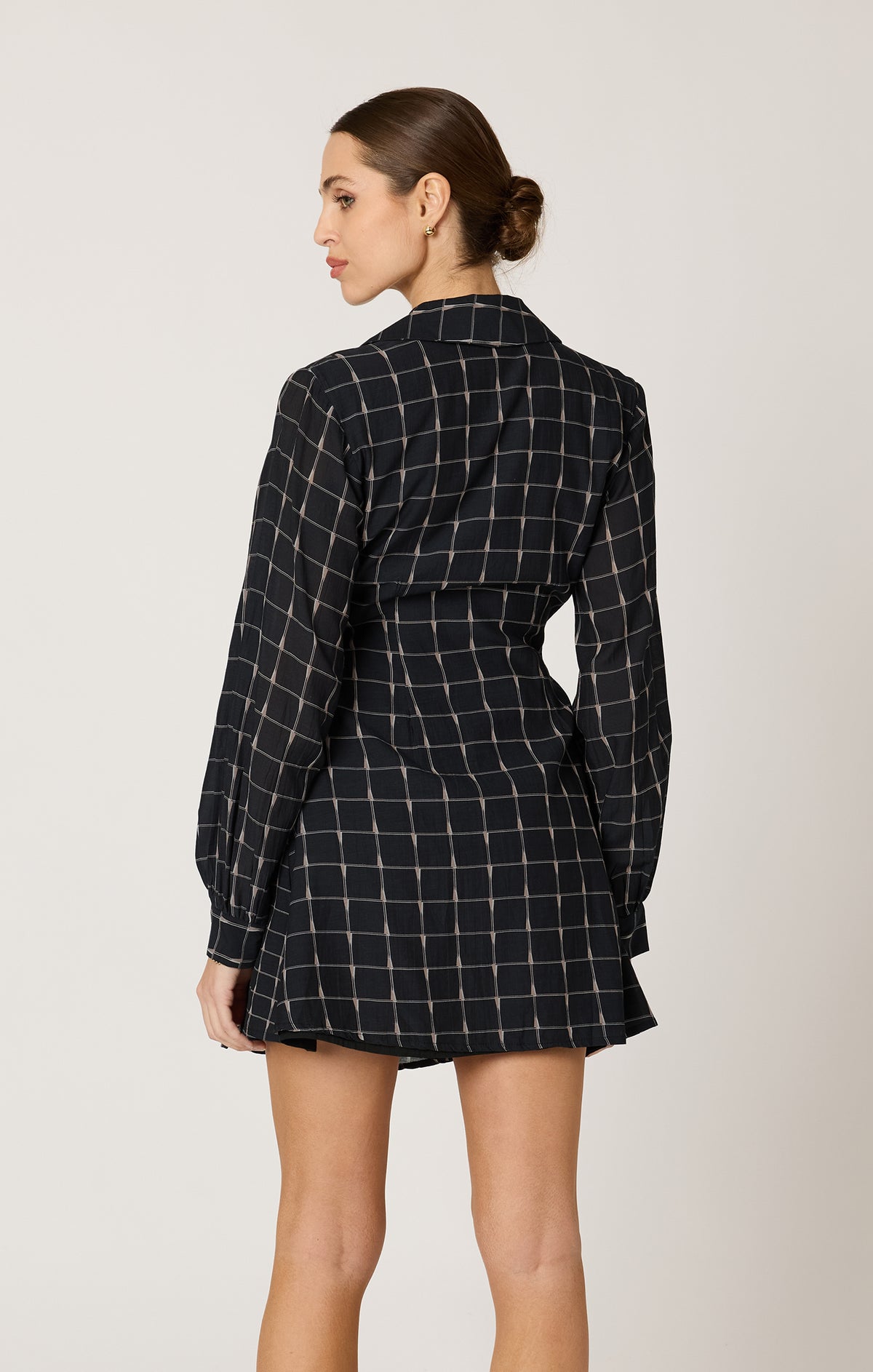 Back detail of Talia Mini Dress in Saul Print — clean back seam and tailored finish.