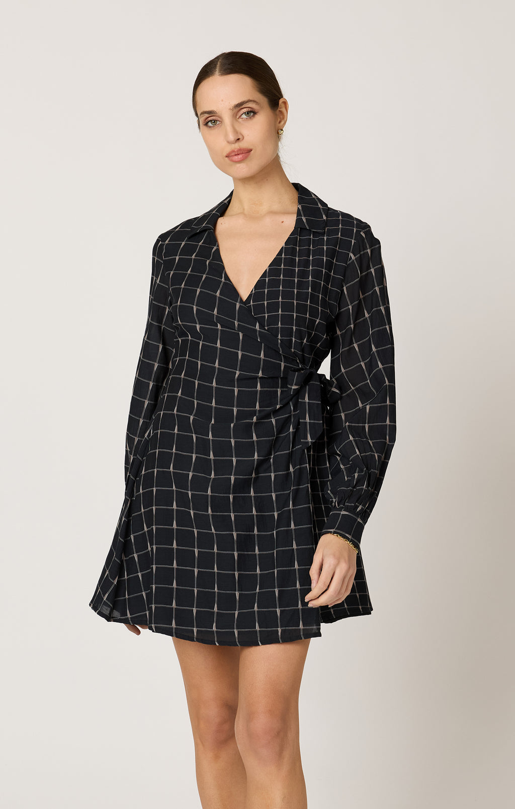 Cleobella Talia Mini Dress in Saul Print — wrap-style mini dress with collar and button cuffs.