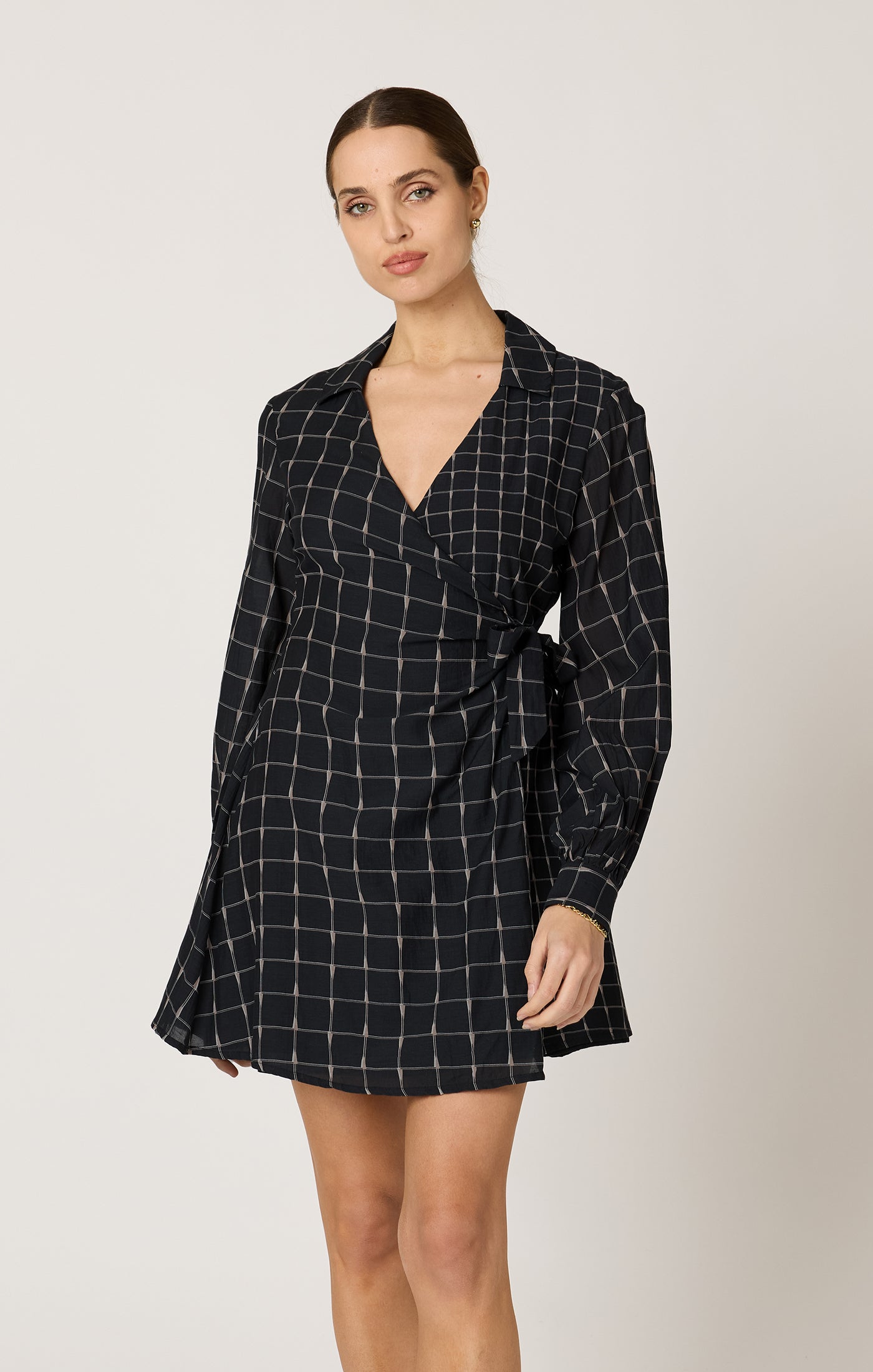 Cleobella Talia Mini Dress in Saul Print — wrap-style mini dress with collar and button cuffs.