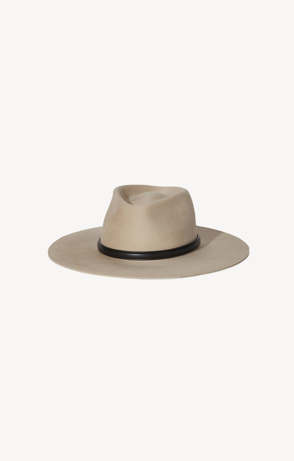 Beige fedora hat with a black band on a white background