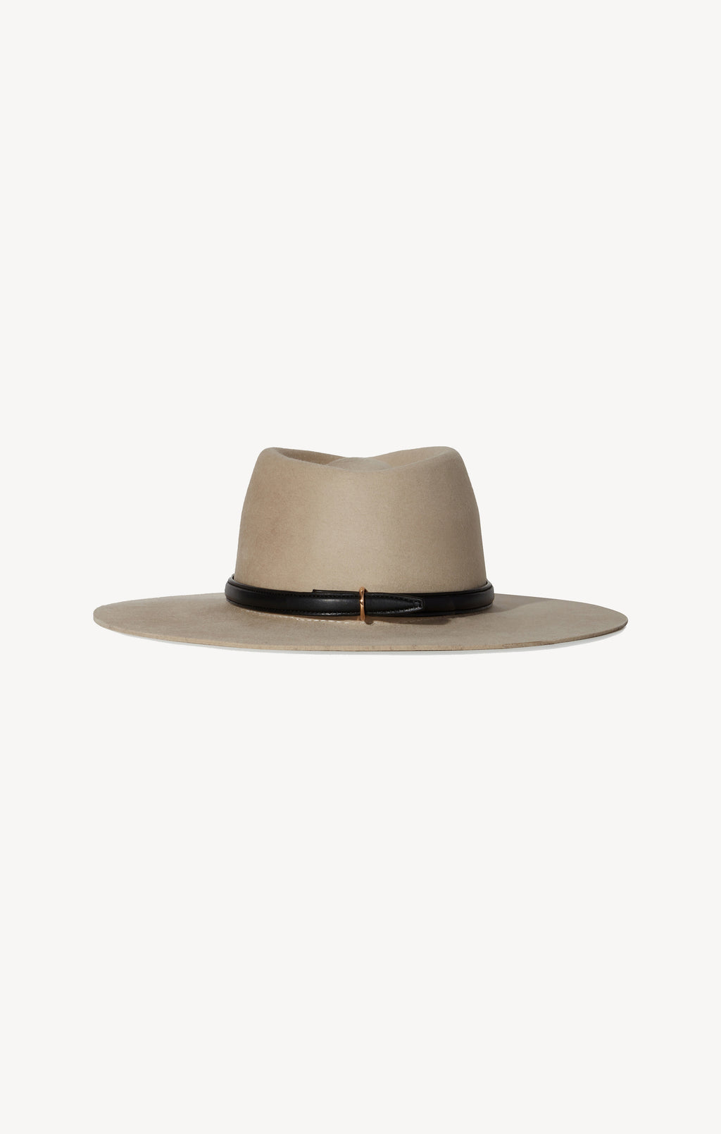 Beige hat with a black band on a white background