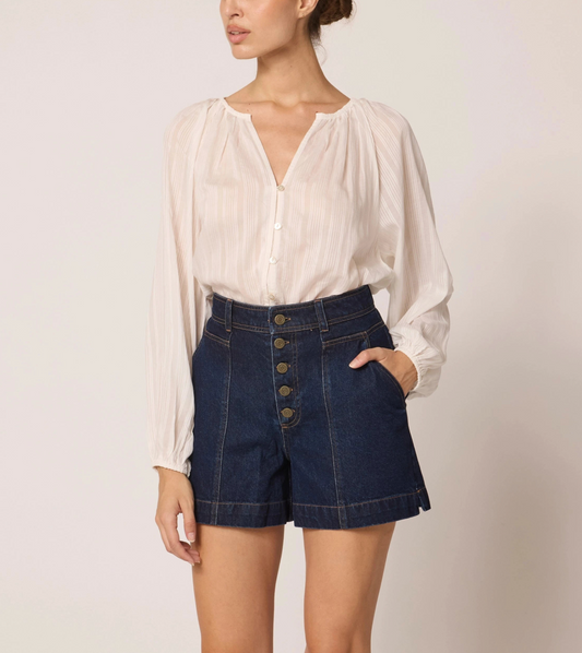 high waisted dark denim shorts with ivory top